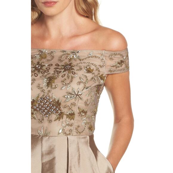 ADRIANNA PAPELL Embellished High/low Off The Shoulder Dress In Antique Gold - Picture 2 of 15